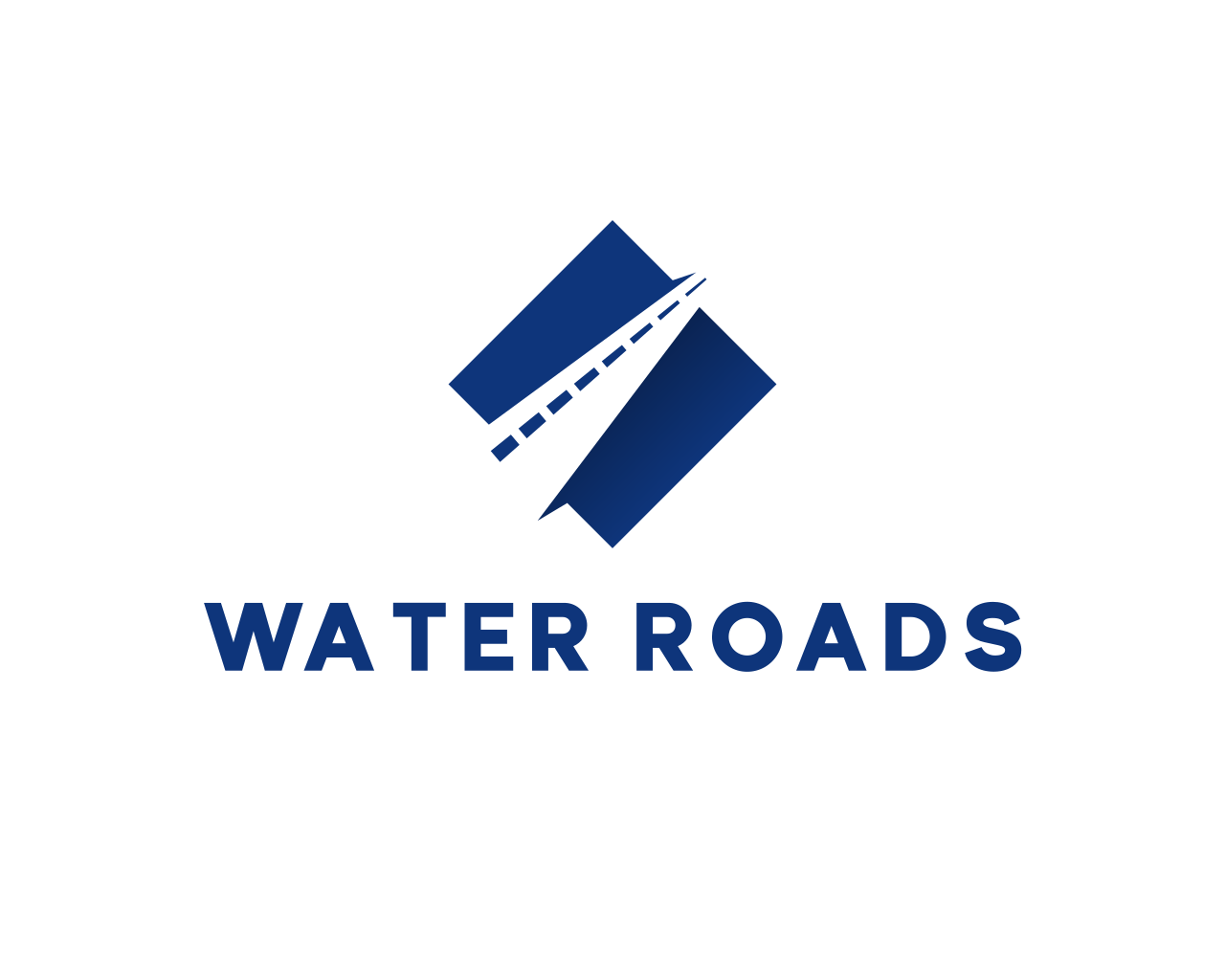 Blue stylized road with dashed centerline inside a diamond shape above the text Water Roads.